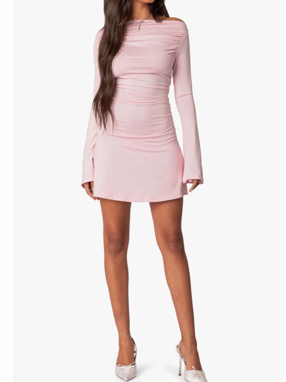 Edikted Blush Pink Off-Shoulder Ruched Mini Dress